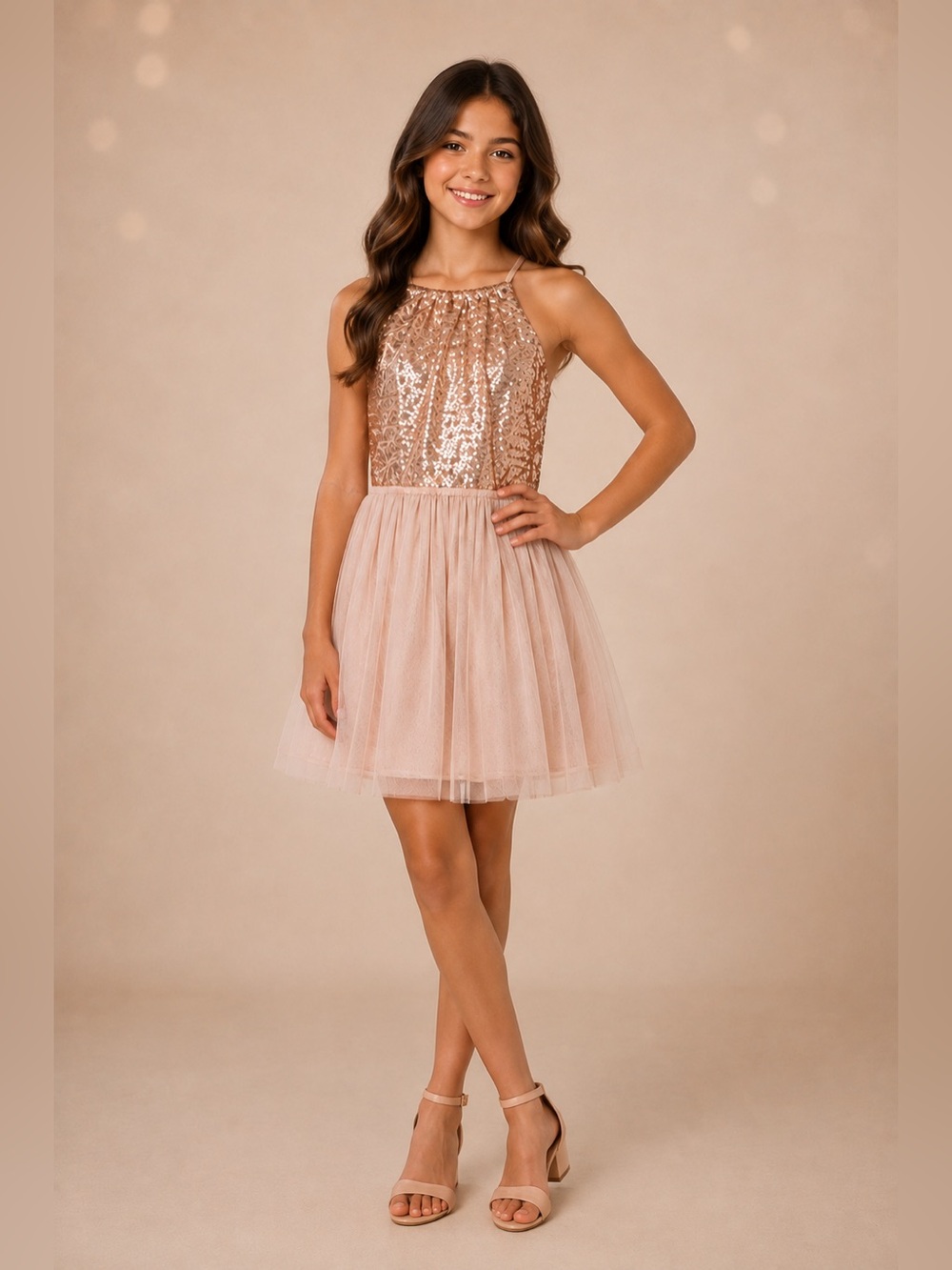 Windsor Rose Gold Sequin Tulle Party Dress — Size XS/Small